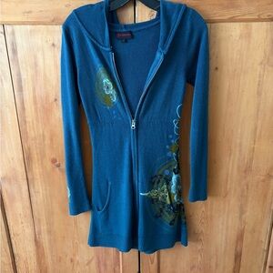 Blue Hooded Tunic with Artistic Design